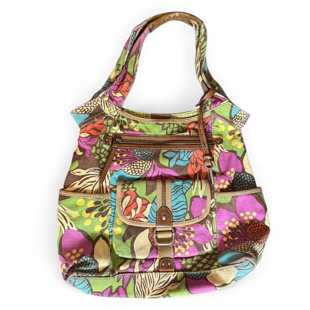 Vintage Fossil Key-Per Floral Canvas Hobo Bag Boho Y2K Leather Trim Shoulder Bag